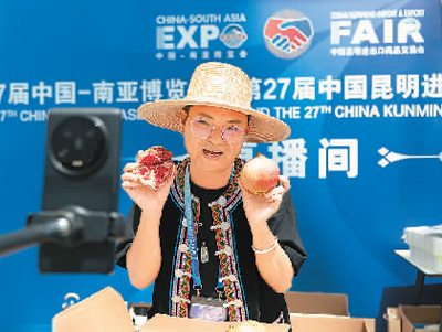 在云南省昆明市举办的第七届中国-南亚博览会上，网络主播正在推介农产品。新华社记者 陈欣波摄