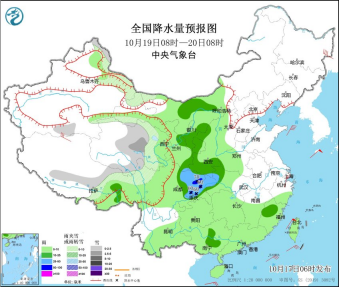 全國降水量預報圖10月19日08時-20日08時（圖片來源：中央氣象台）