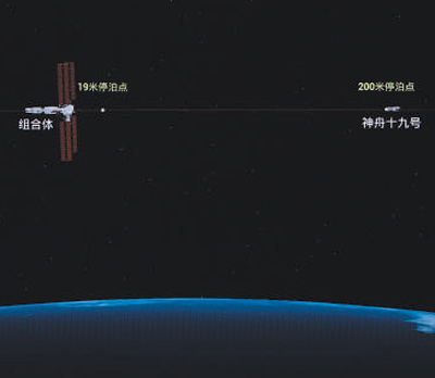 圖⑤：在北京航天飛行控制中心拍攝的神舟十九號載人飛船和空間站對接模擬畫面。