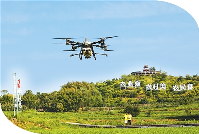 6月17日，重庆市梁平区安胜镇龙印村，梁平区味源现代农业专业合作社的农机手操作植保无人机对水稻喷施农药防治病虫害。   刘 辉摄（人民视觉）
