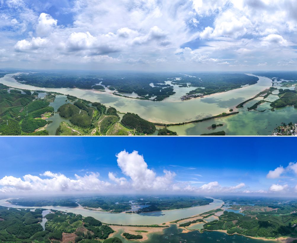   上下两图分别为2026年8月18日和2022年8月27日拍摄的平陆运河起点平塘江口和郁江江段。新华社记者曹祎铭摄‌‌