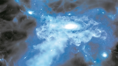  早期星系形成過程中積累並吸積氣體。圖片來源：美國國家航空航天局