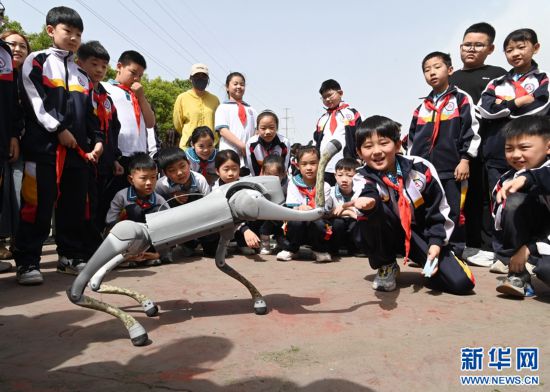 5月9日，在河南省沁陽市永威學校第五屆校園科技節上，小朋友在與機器狗互動。新華網發（楊帆 攝）