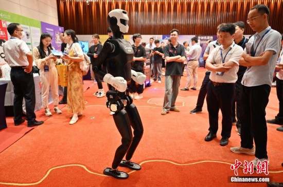 图为人形机器人吸引参观者。中新社记者 陈楚红 摄