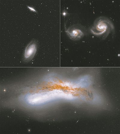 銀河系與仙女星系未來3種可能的碰撞情景。左上：兩星系擦肩而過。右上：兩星系逐漸靠近並發生近距離接觸。下圖：兩星系發生碰撞。    圖片來源:NASA/ESA