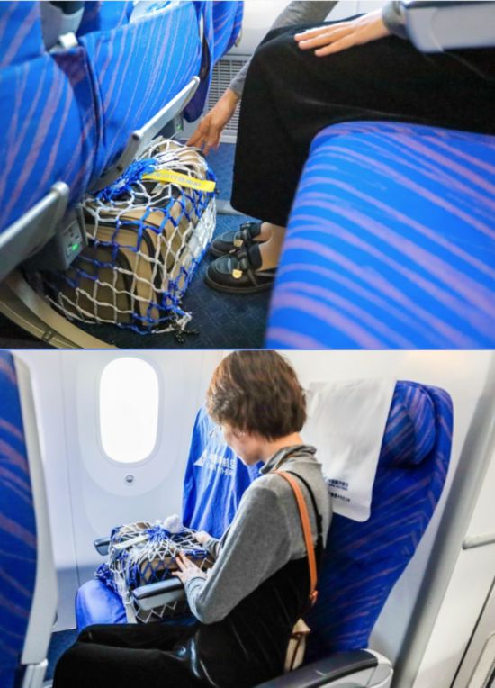南航寵物進客艙服務要求寵物航空箱放置於主人前排座椅下方或加價購買的專屬座位上。（受訪者供圖）
