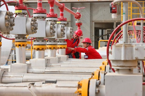  11月12日，中国石油塔里木油田采气工正对储气库供气设备进行巡检。新华社发 陈士兵 摄
