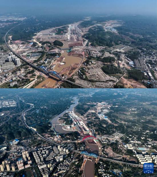 拼版照片：上图是2024年10月9日拍摄的钦江单线铁路桥（无人机照片）；下图是2025年12月17日拍摄的钦江铁路双线特大桥（无人机照片）。新华社记者 张爱林 摄
