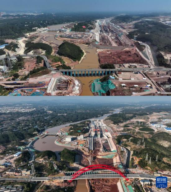 拼版照片：上图是2024年10月9日拍摄的平陆运河青年枢纽（无人机照片）；下图是2025年12月17日拍摄的平陆运河青年枢纽（无人机照片）。新华社记者 张爱林 摄