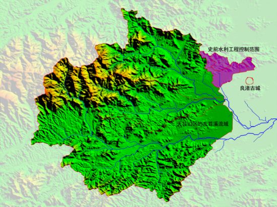 良渚古城与东苕溪水系模拟图。（中国社科院供图）