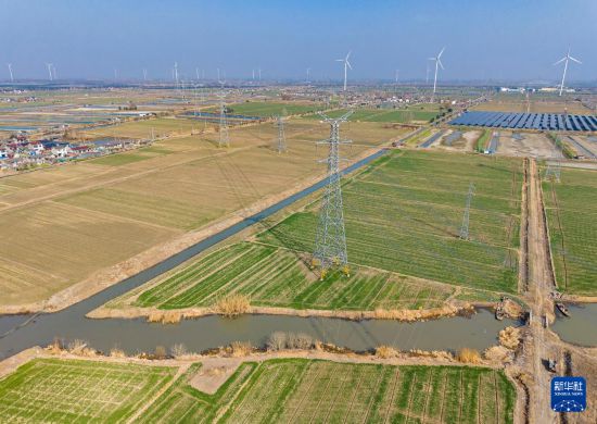 2月13日拍摄的运行中的位于江苏省高邮市的江苏扬州至镇江±200千伏直流输电二期工程（无人机照片）。     新华社发（任飞 摄）