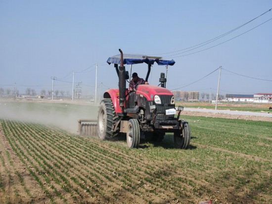 在河北省保定市望都县，农民驾驶镇压锄划机进行作业。新华社记者 王昆 摄